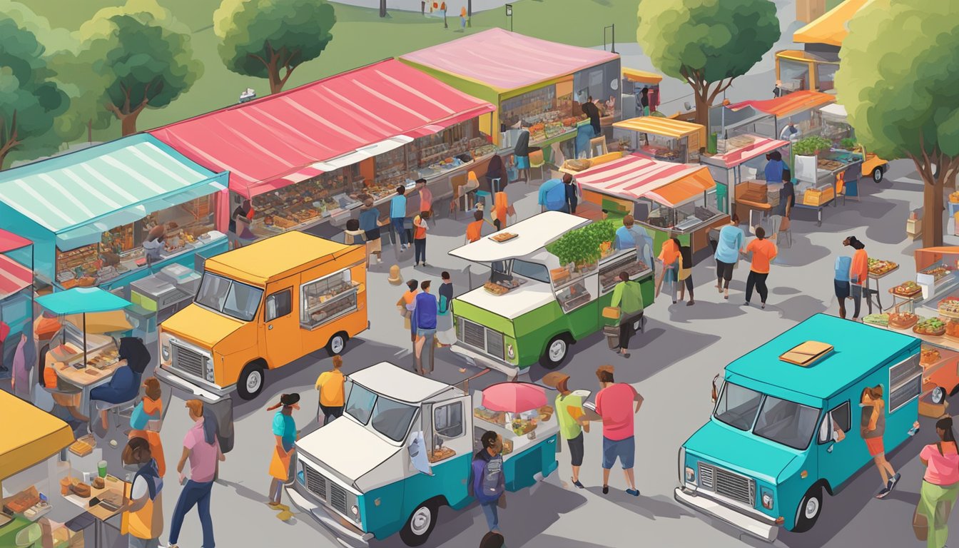 A bustling food truck park with Rollin' Beans Espresso among the top 10, surrounded by other colorful trucks and eager customers in Fort Worth, Texas