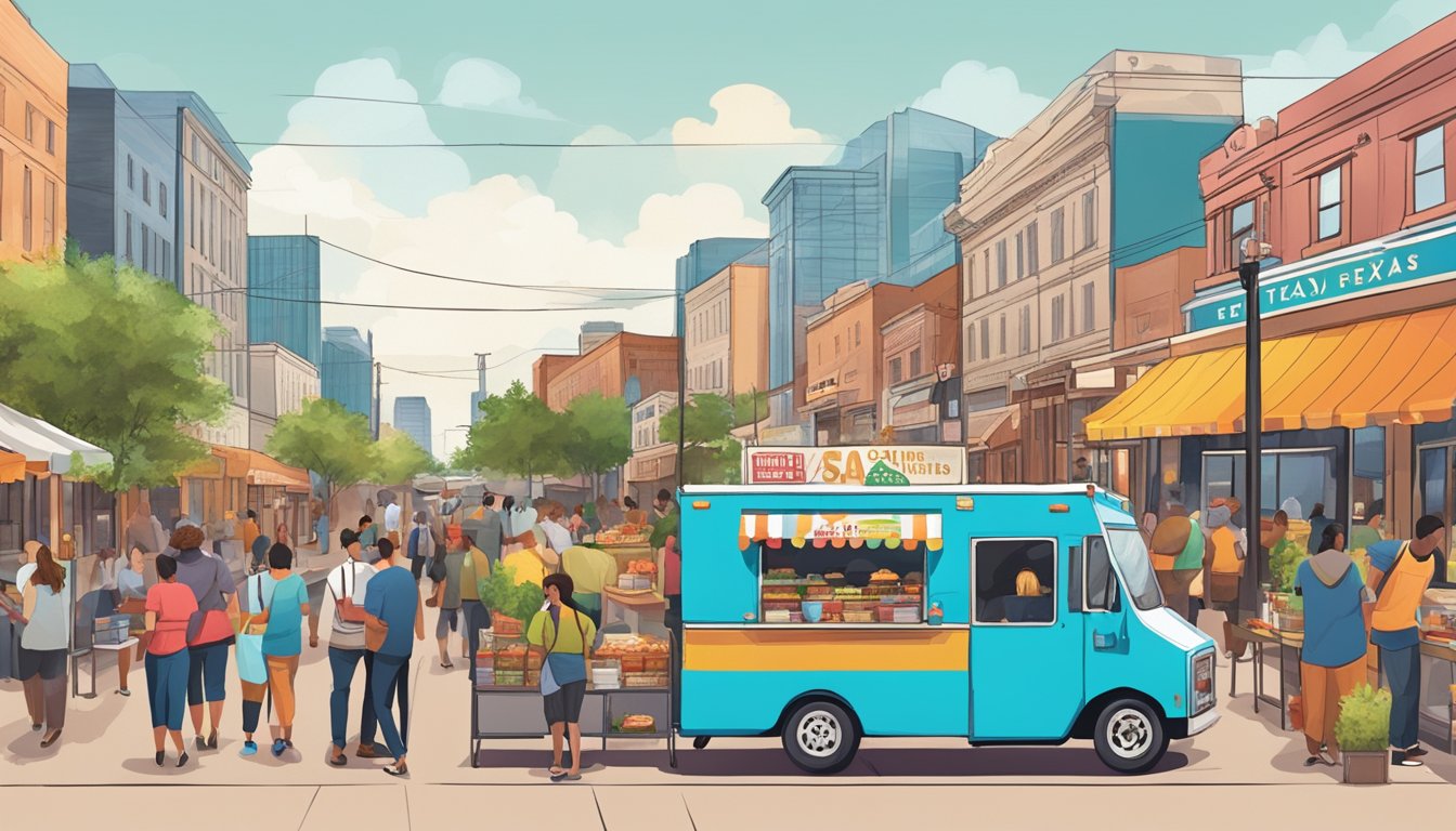 A bustling street lined with colorful food trucks serving up a variety of mouthwatering Texas cuisine in Fort Worth