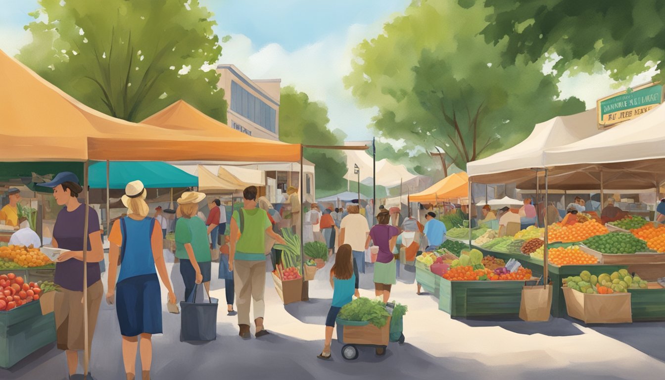 The bustling Main Plaza Farmers Market in New Braunfels, Texas, is filled with colorful stalls and a diverse array of fresh produce and goods