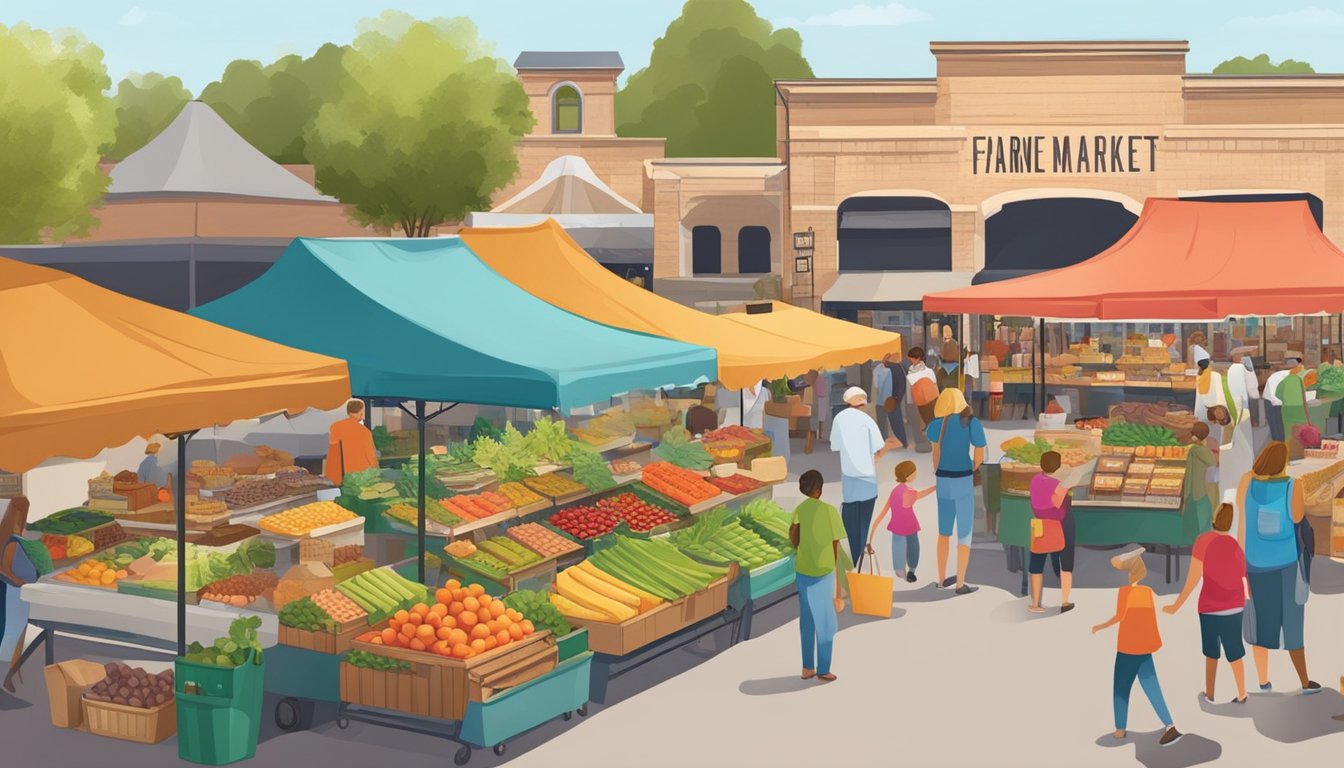 The bustling Farmers Market of Grapevine, Texas with colorful stalls and a variety of fresh produce, baked goods, and artisanal products