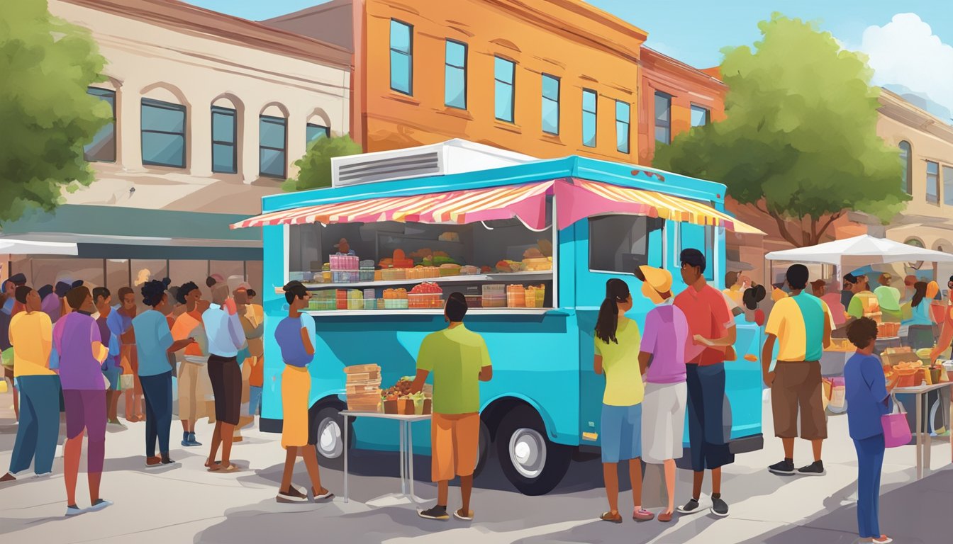 A colorful food truck surrounded by eager customers in a bustling Fort Worth street