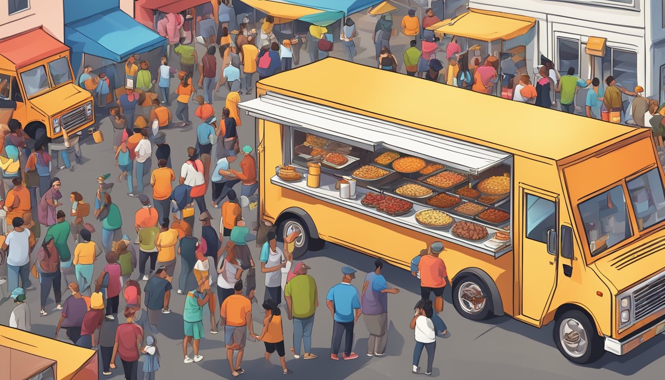 A bustling outdoor food truck event with colorful trucks, a lively crowd, and the aroma of smoked meats and savory sauces filling the air