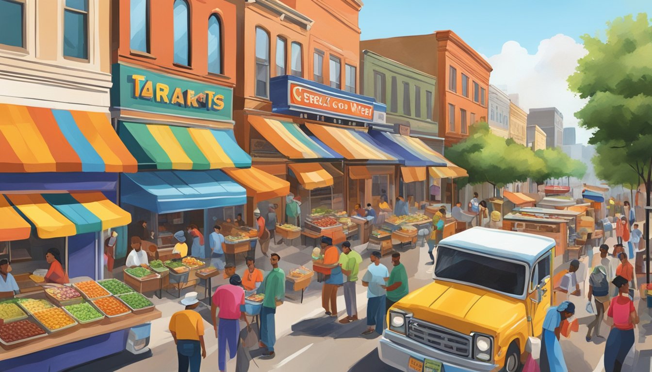 A bustling street scene with colorful food karts lining the road, serving up mouthwatering Texas cuisine to a diverse crowd in Fort Worth