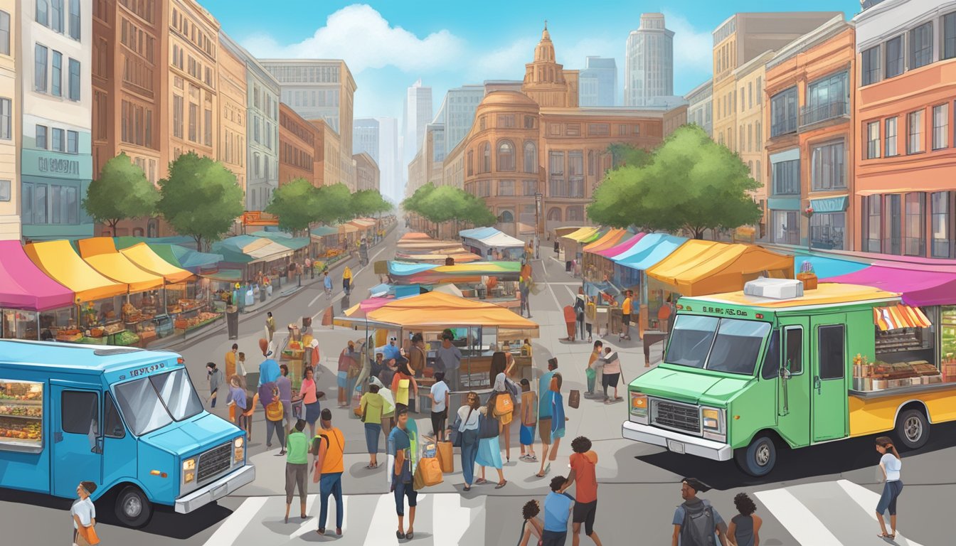 A bustling city street filled with colorful food trucks serving up delicious Texas cuisine, with the Epic Cones truck standing out among the top 10