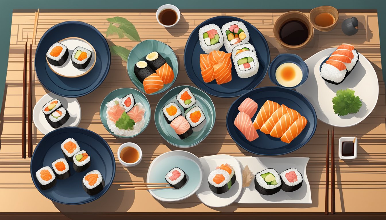 A traditional Japanese dining table set with sushi, chopsticks, and tea