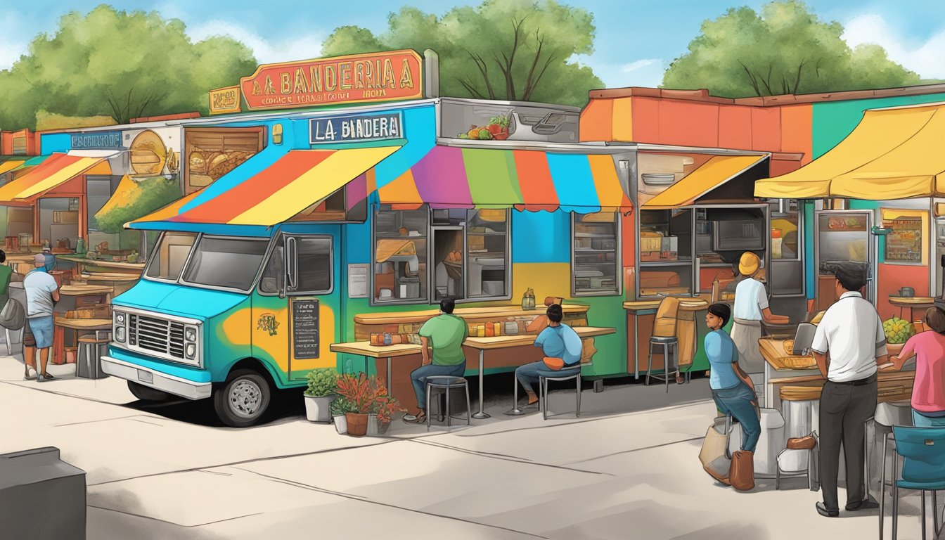 A bustling food truck park with vibrant colors and savory scents, featuring Taqueria La Bandera among the top 10 in Fort Worth