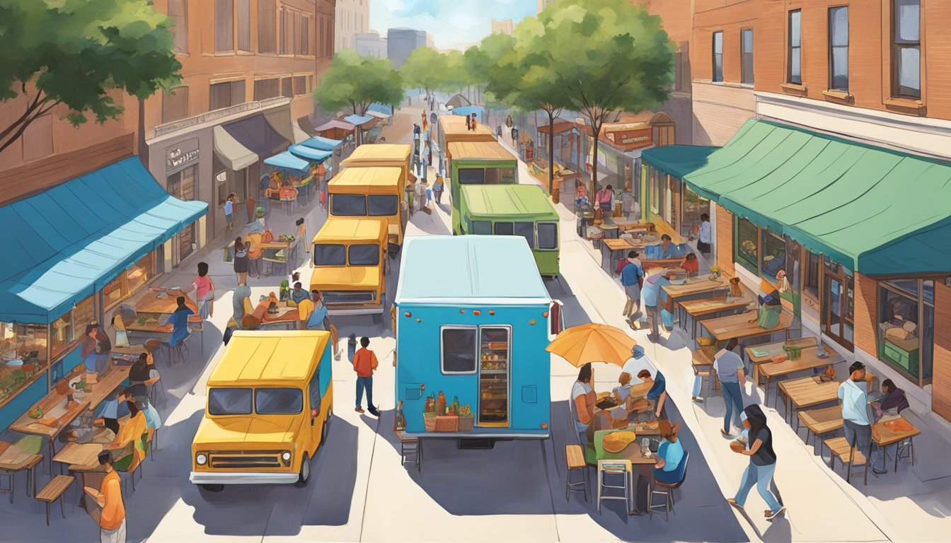 A bustling street lined with colorful food trucks serving up top-rated Texas cuisine in Fort Worth. Customers gather around picnic tables enjoying their meals