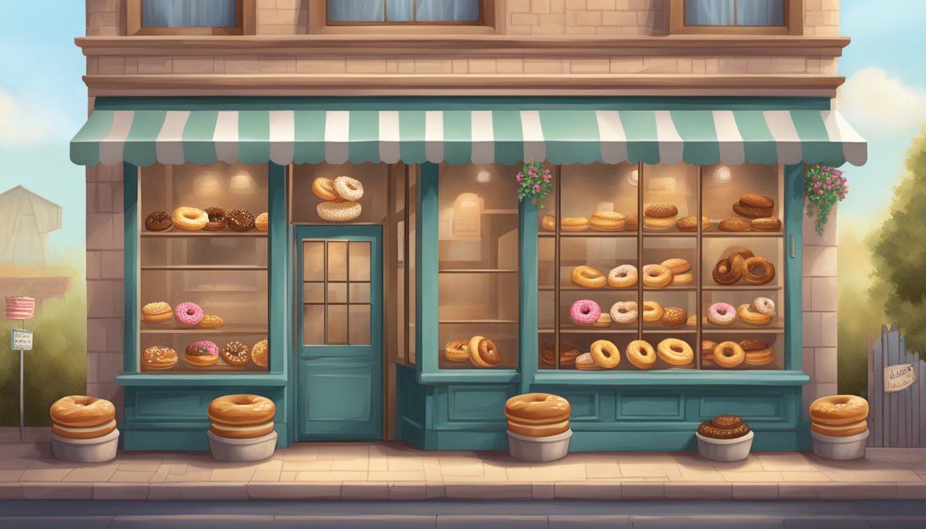 A cozy bakery with a rustic storefront, featuring a display of large, freshly baked Texas donuts and a welcoming atmosphere