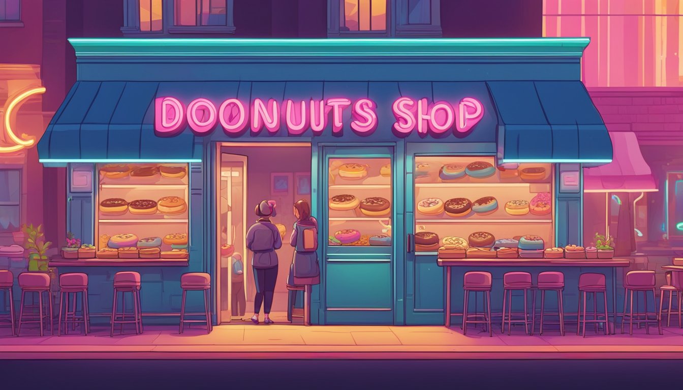 A colorful, bustling donut shop with a vintage aesthetic. A neon sign and a line of customers outside. A friendly atmosphere with the smell of freshly baked donuts