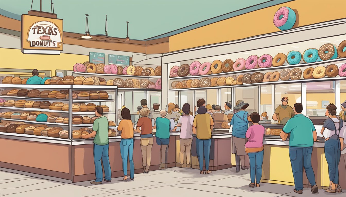 A bustling Texas donut shop, with a colorful display of oversized donuts and a line of customers eagerly waiting to place their orders