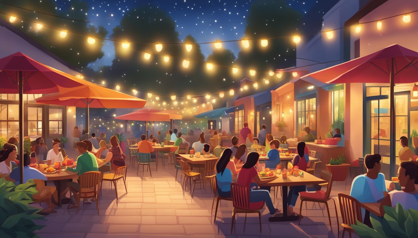 A bustling outdoor patio filled with colorful tables and chairs, surrounded by festive string lights and the aroma of sizzling fajitas and spicy salsa