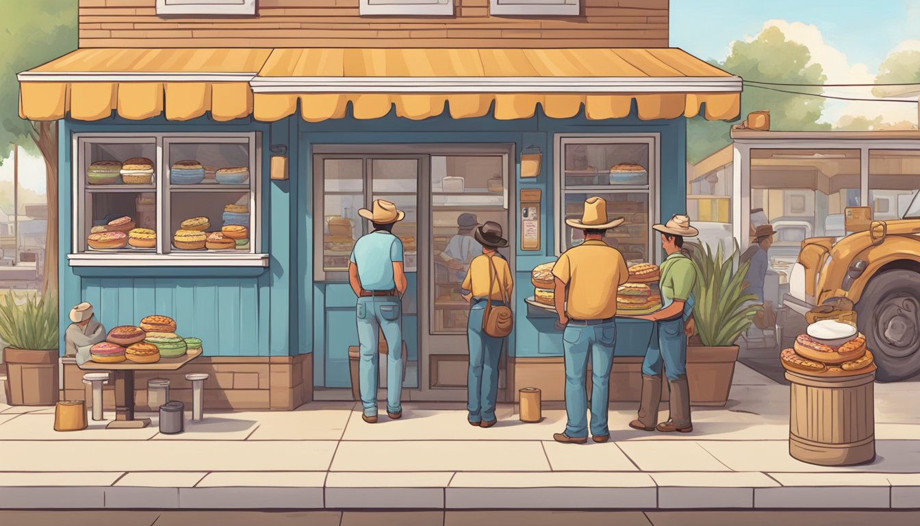 A bustling Texas donut shop with a cowboy hat on display, serving up a variety of oversized, glazed treats. A line of customers eagerly waits outside