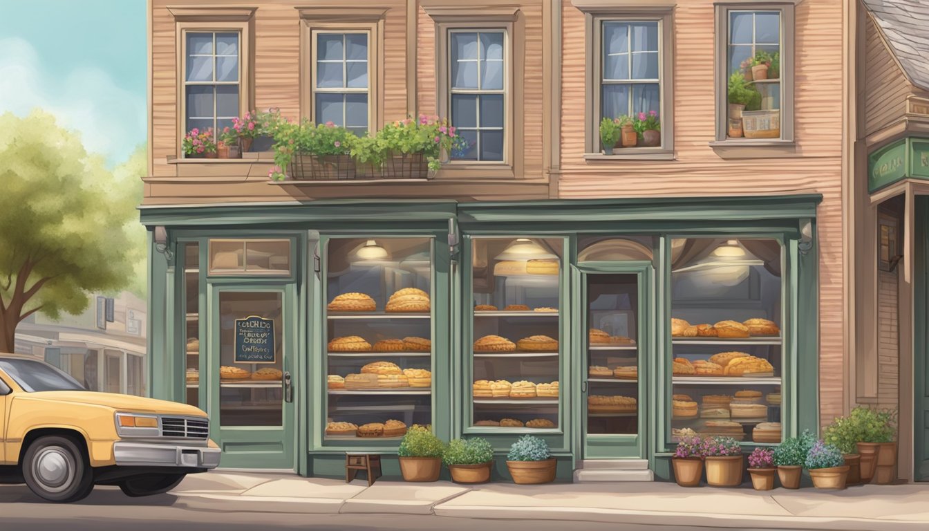 A quaint pie shop nestled in a bustling Texas town, with a charming storefront and a mouthwatering display of freshly baked pies in the window