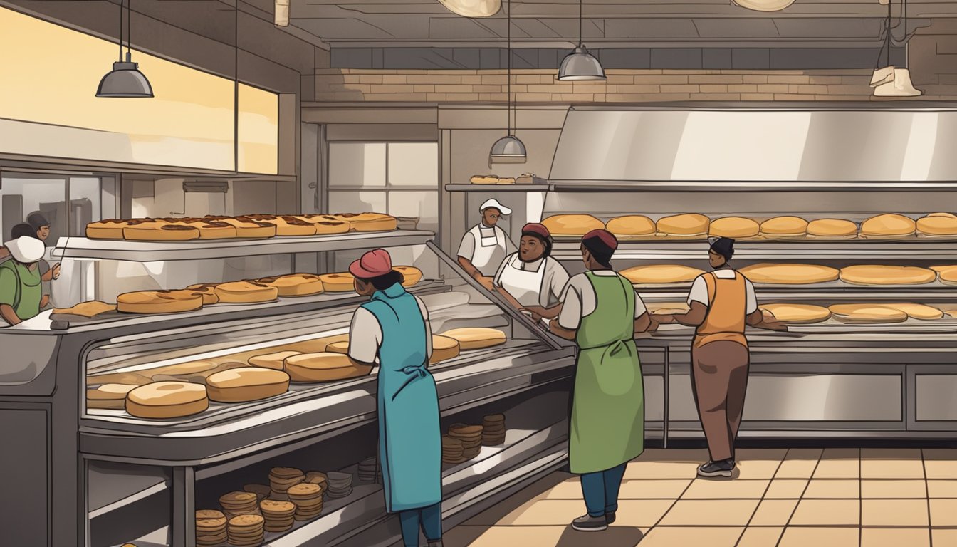 A bustling pie shop with workers rolling dough, filling pies, and placing them in ovens. Customers line up to purchase freshly baked pies