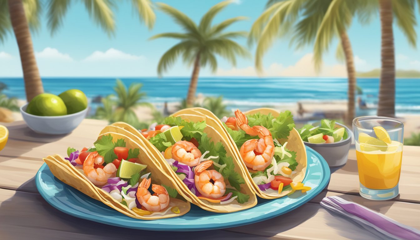 A plate of shrimp tacos with colorful toppings on a beachside table. The ocean and palm trees are visible in the background