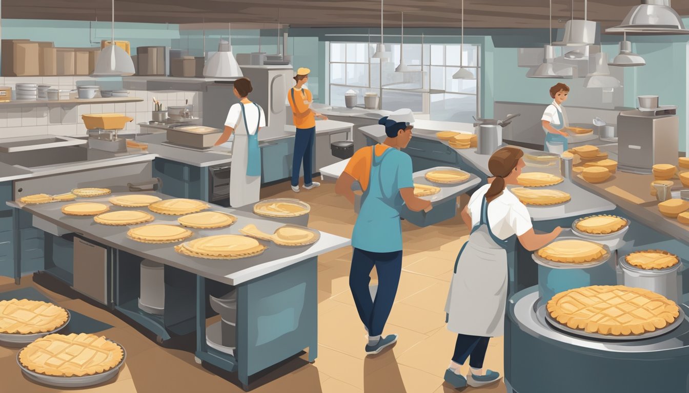 A bustling kitchen with pie makers rolling dough and filling pie tins. A Texas map on the wall shows locations of Mile High Pie Company