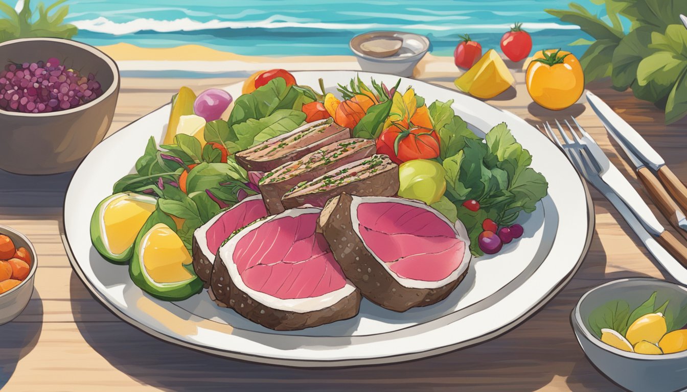 A plate of seared ahi tuna surrounded by colorful local produce on a beachfront table