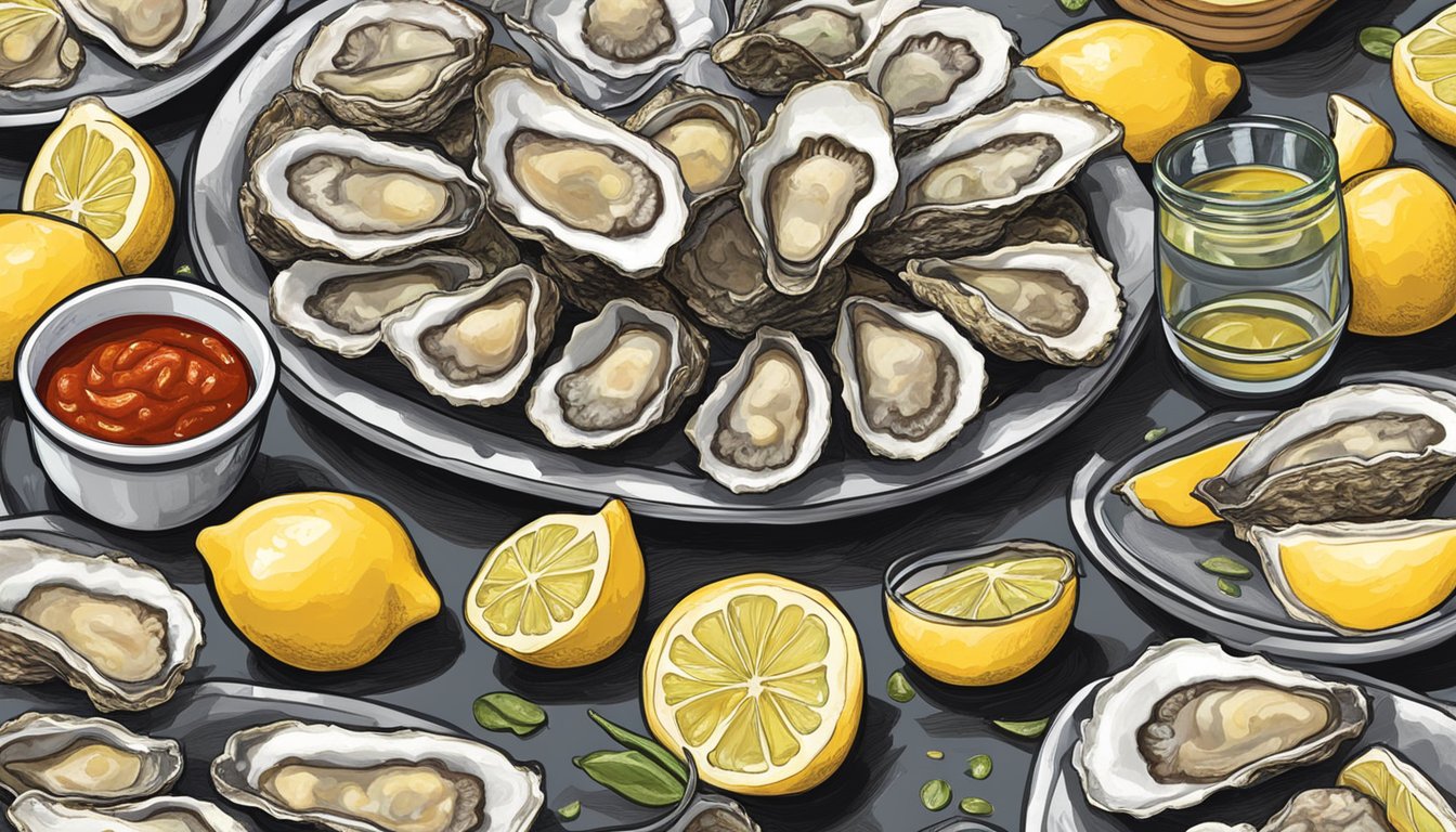 A table spread with freshly shucked Gulf oysters, accompanied by lemon wedges and a variety of hot sauces