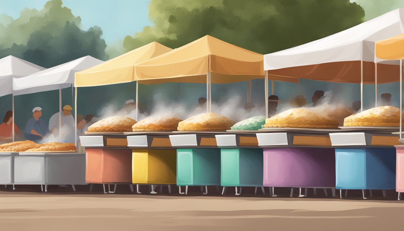 A row of colorful pie makers lined up at a Texas farmers market, steam rising from freshly baked pies