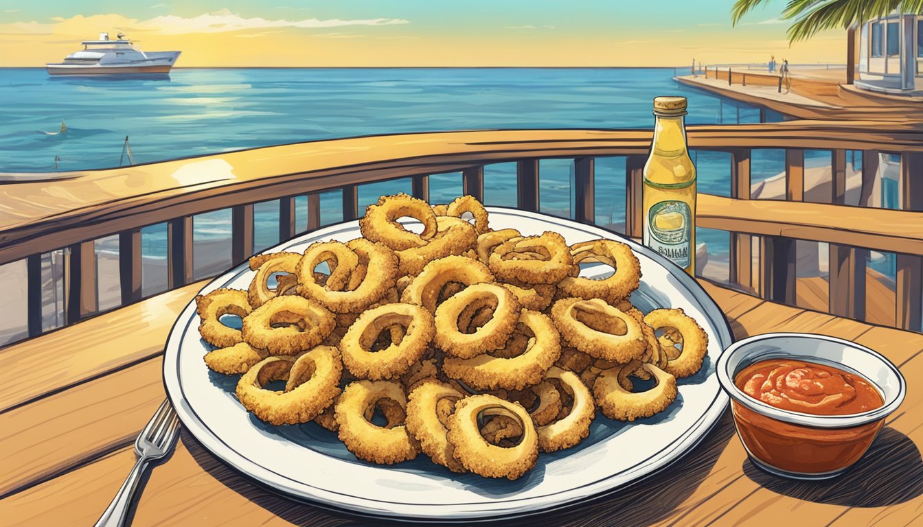 A plate of golden fried calamari surrounded by slices of lemon and a side of marinara sauce on a beachfront restaurant table