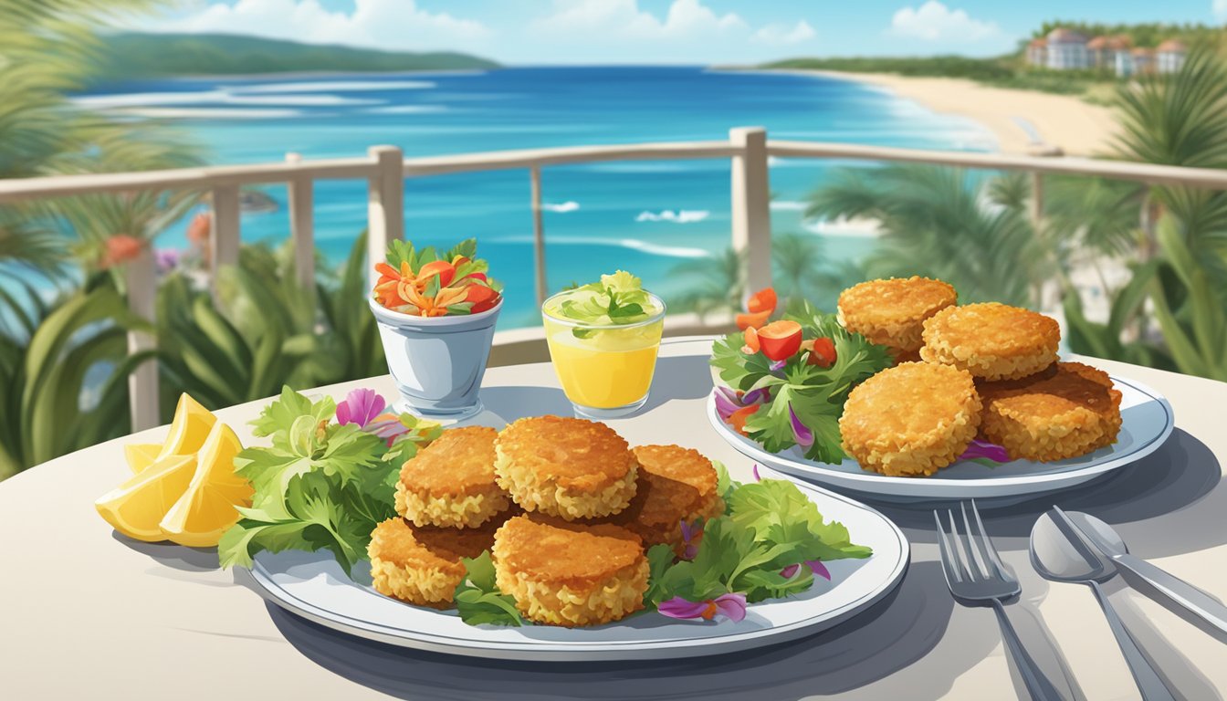 A plate of golden-brown crab cakes surrounded by colorful garnishes on a beachfront table with a view of the ocean