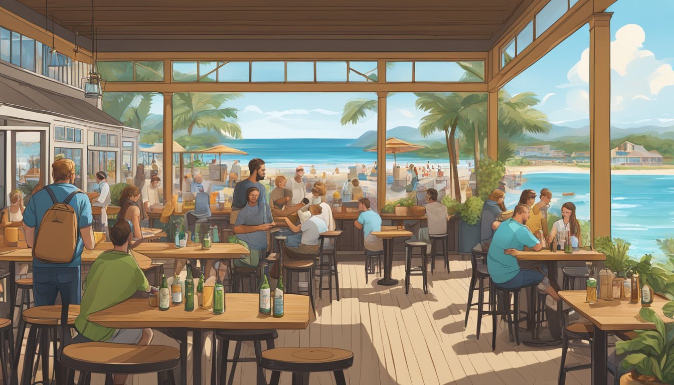 A bustling brewery with outdoor seating, vibrant decor, and a view of the beach. Beer and food are being enjoyed by patrons