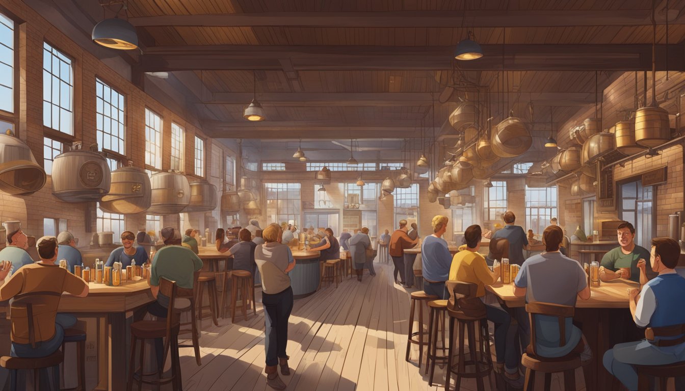 A bustling brewery with giant steel vats, wooden barrels, and a lively dining area filled with patrons enjoying locally brewed beer and delicious food