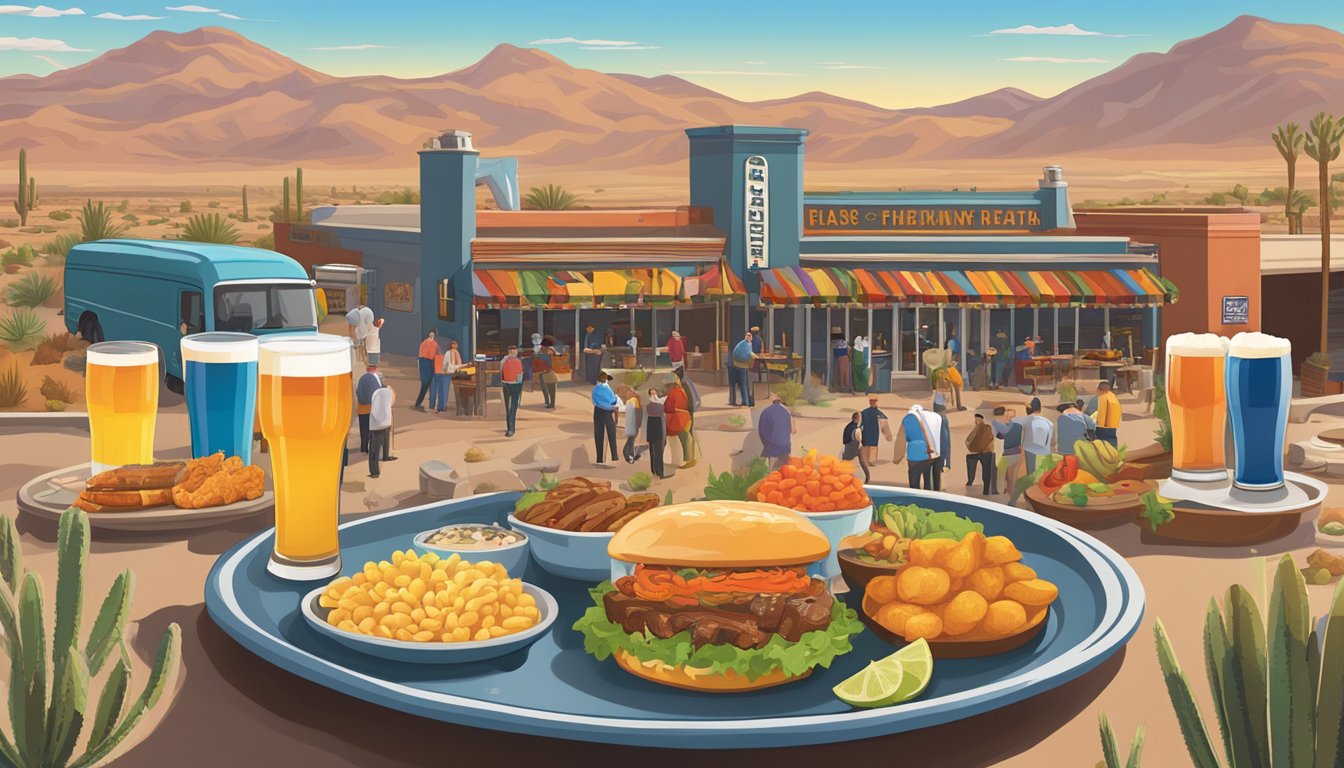 A bustling brewery scene with colorful tap handles and plates of local food, set against a backdrop of El Paso's iconic desert landscape