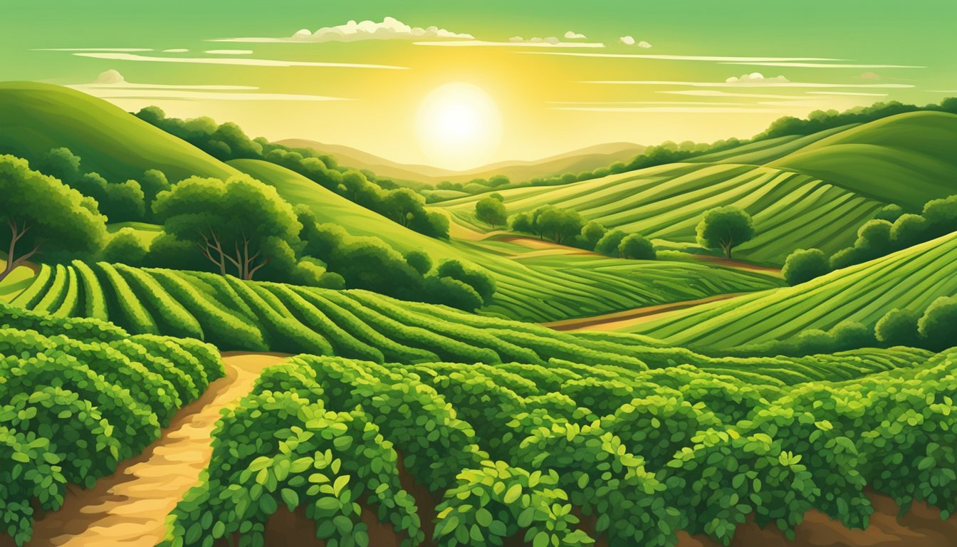 Rolling hills of vibrant green coffee plants in the Texas Hill Country, with the sun casting a warm glow over the unique growing region