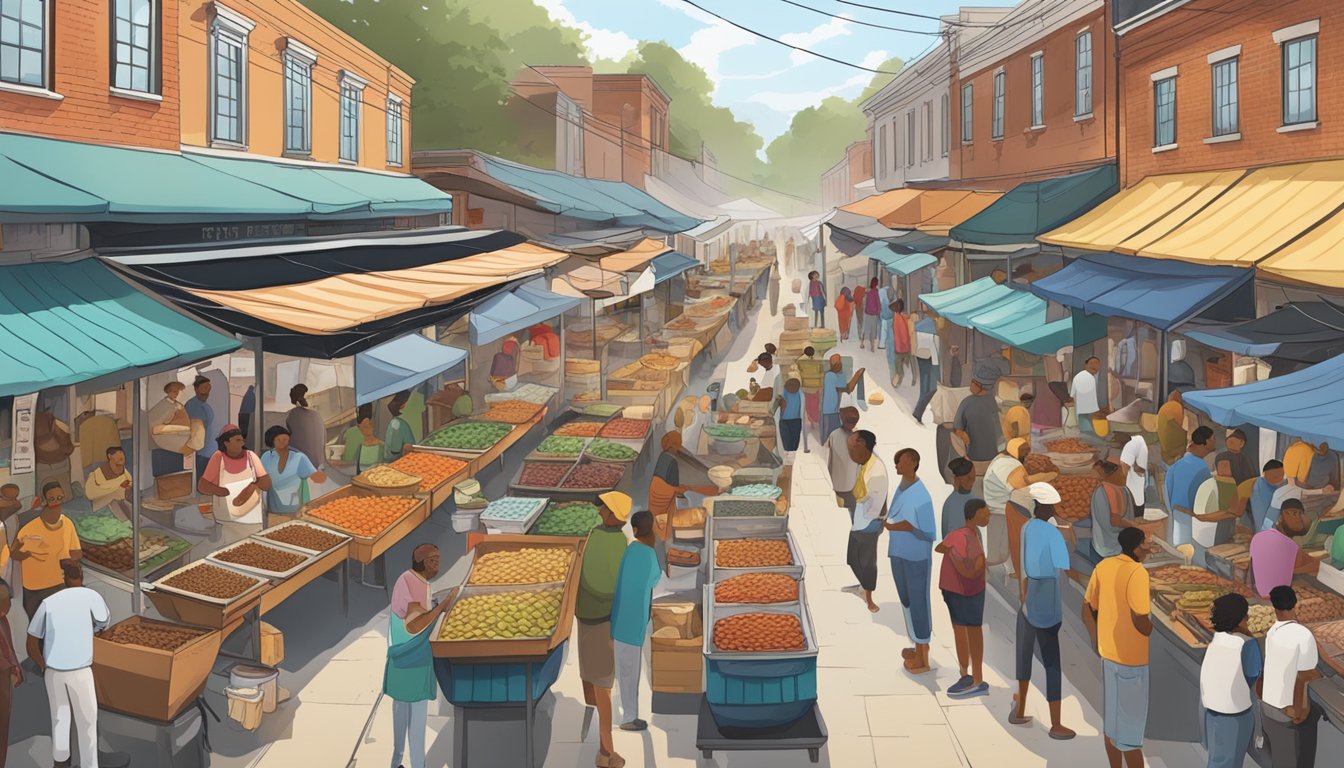 A bustling street market with colorful stalls selling fresh seafood, spicy sausages, and aromatic spices, while people line up to sample steaming bowls of rich, flavorful gumbo