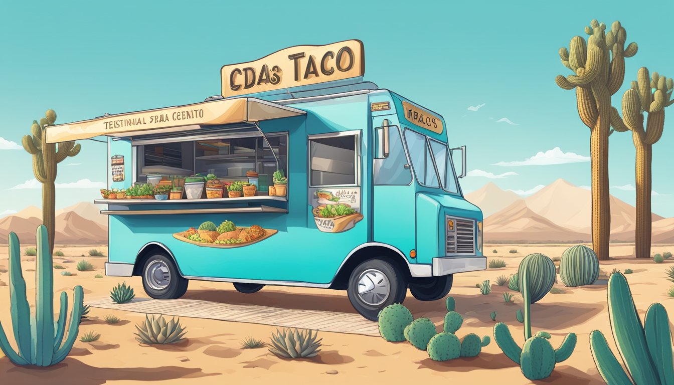 A food truck with a shark-shaped sign serves tacos in a desert setting with cacti and a bright blue sky