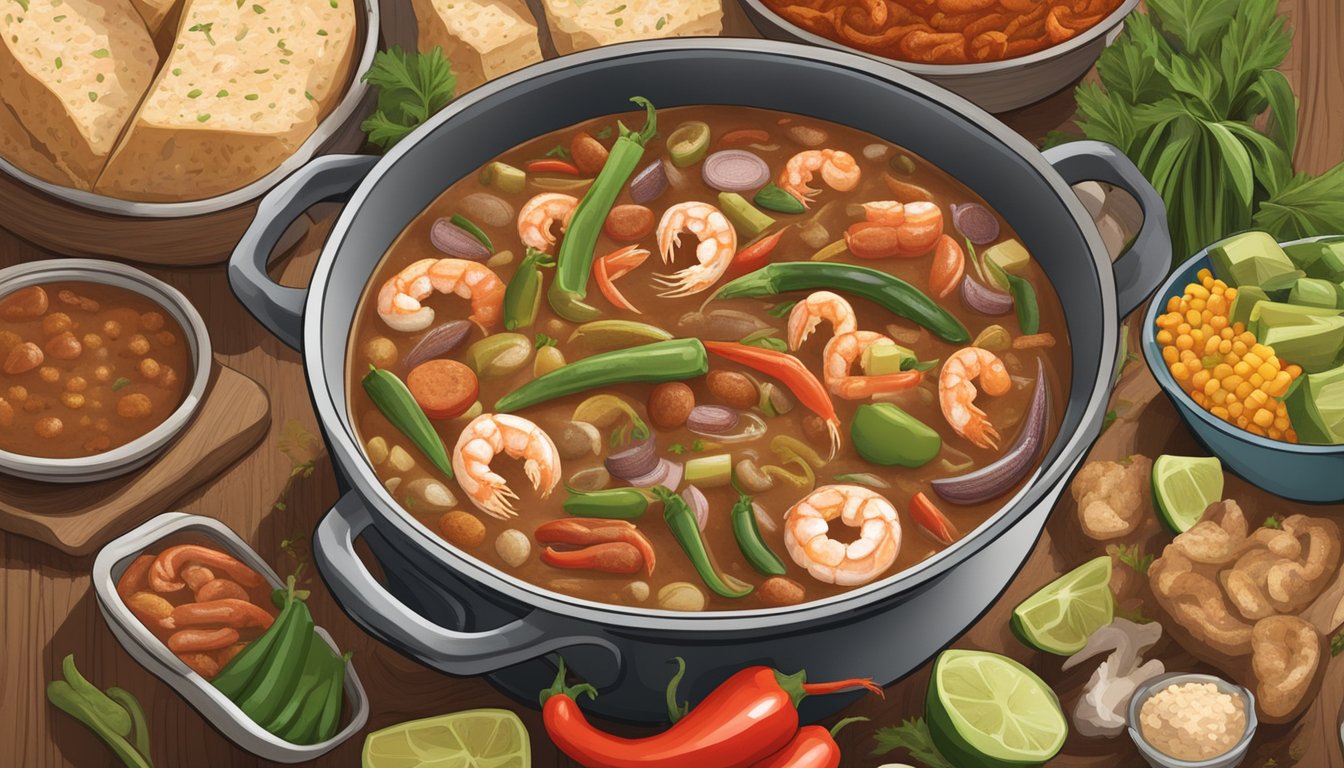 A steaming pot of Texas gumbo surrounded by a variety of fresh ingredients like shrimp, andouille sausage, okra, and bell peppers. A sign points to the "Best Authentic Gumbo" spot