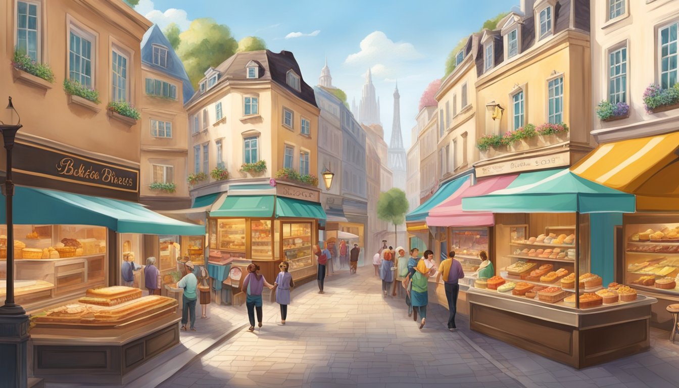 A bustling street lined with charming bakeries and cafes, each with colorful displays of decadent cakes and pastries. The aroma of freshly baked goods fills the air, drawing in hungry food enthusiasts