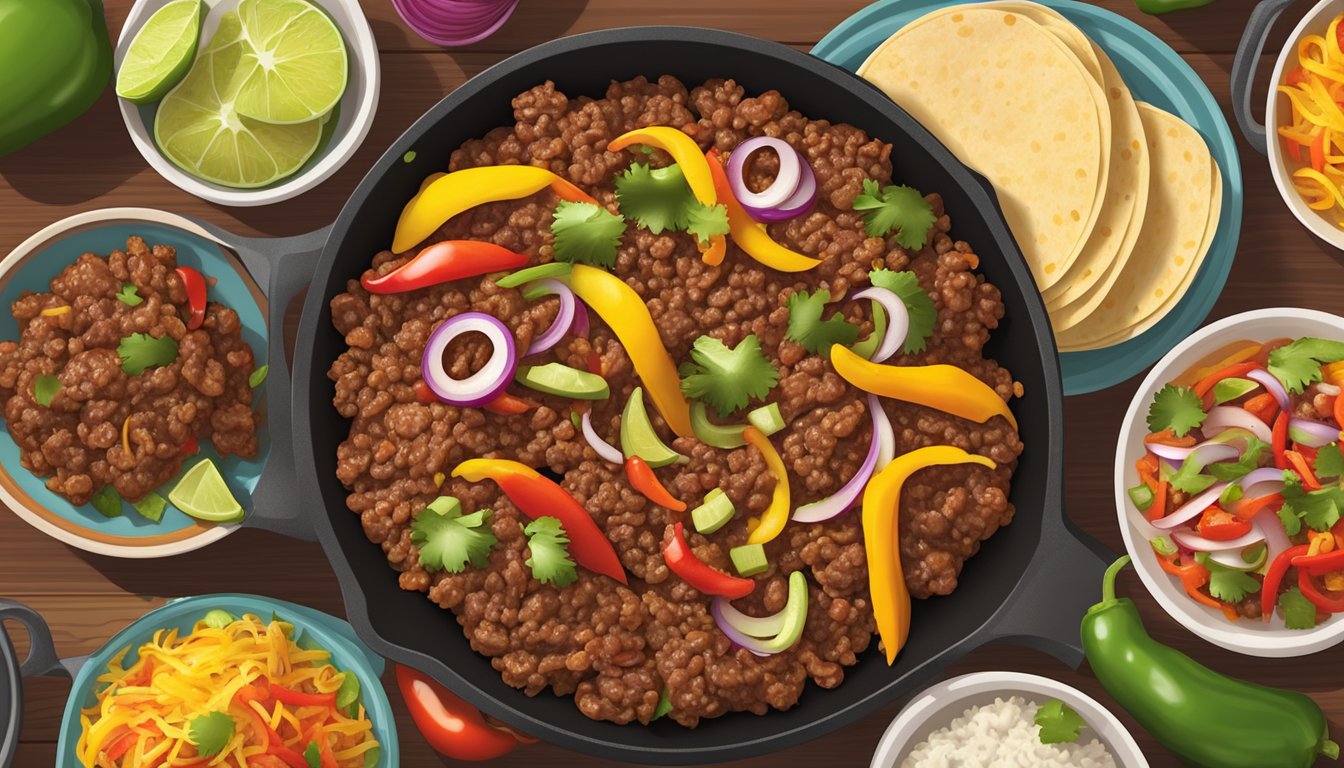 A sizzling skillet filled with seasoned ground beef, sizzling onions, and colorful peppers, surrounded by a variety of fresh taco toppings and warm tortillas