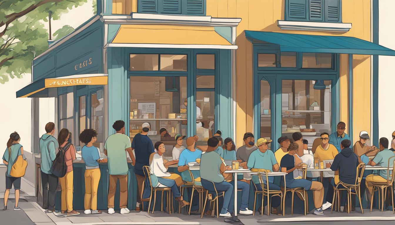 A bustling breakfast spot in San Antonio, with a charming exterior and a line of eager customers waiting to indulge in the best pancakes in Texas