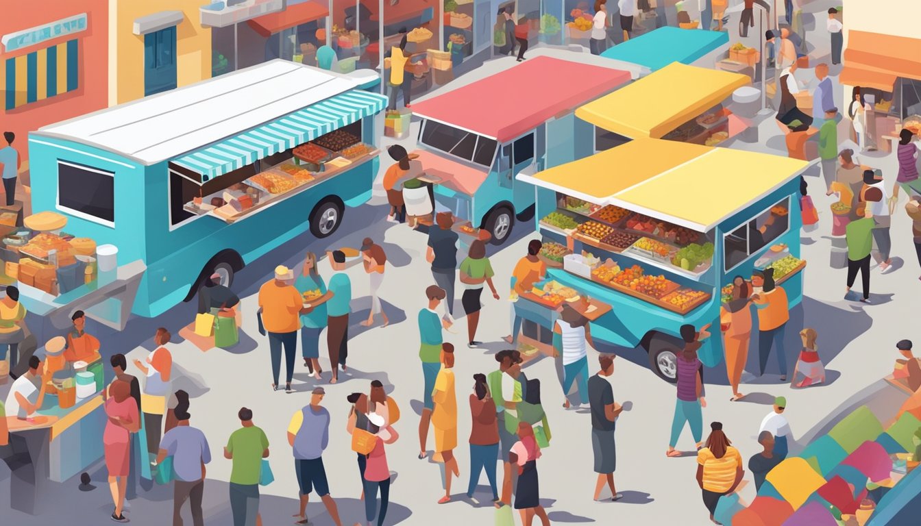 A bustling food truck surrounded by hungry customers at a colorful outdoor market