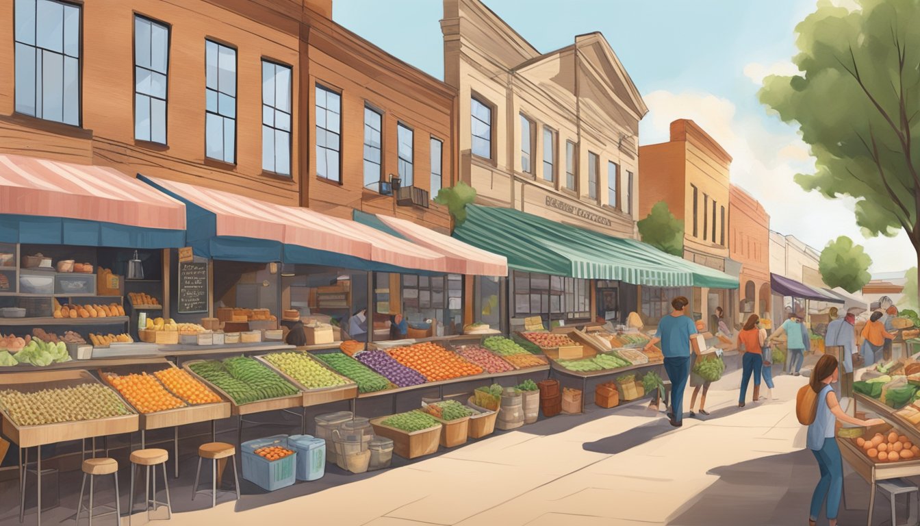 A bustling farmers market featuring a variety of artisan food businesses showcasing their key ingredients and local specialties, creating a foodie heaven in Lubbock