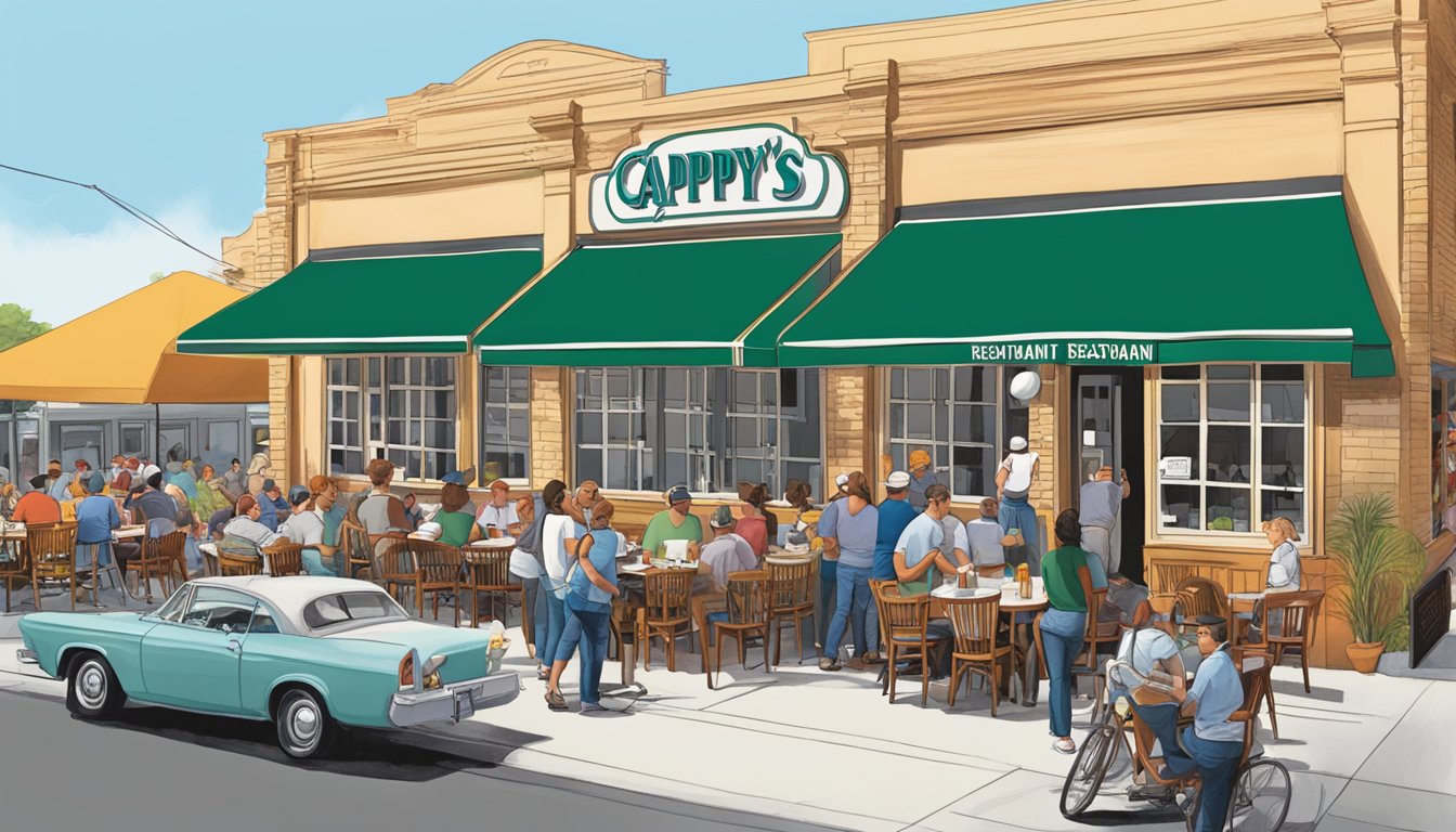 The exterior of Cappy's Restaurant in San Antonio, with a bustling morning crowd enjoying breakfast at one of the best spots in Texas