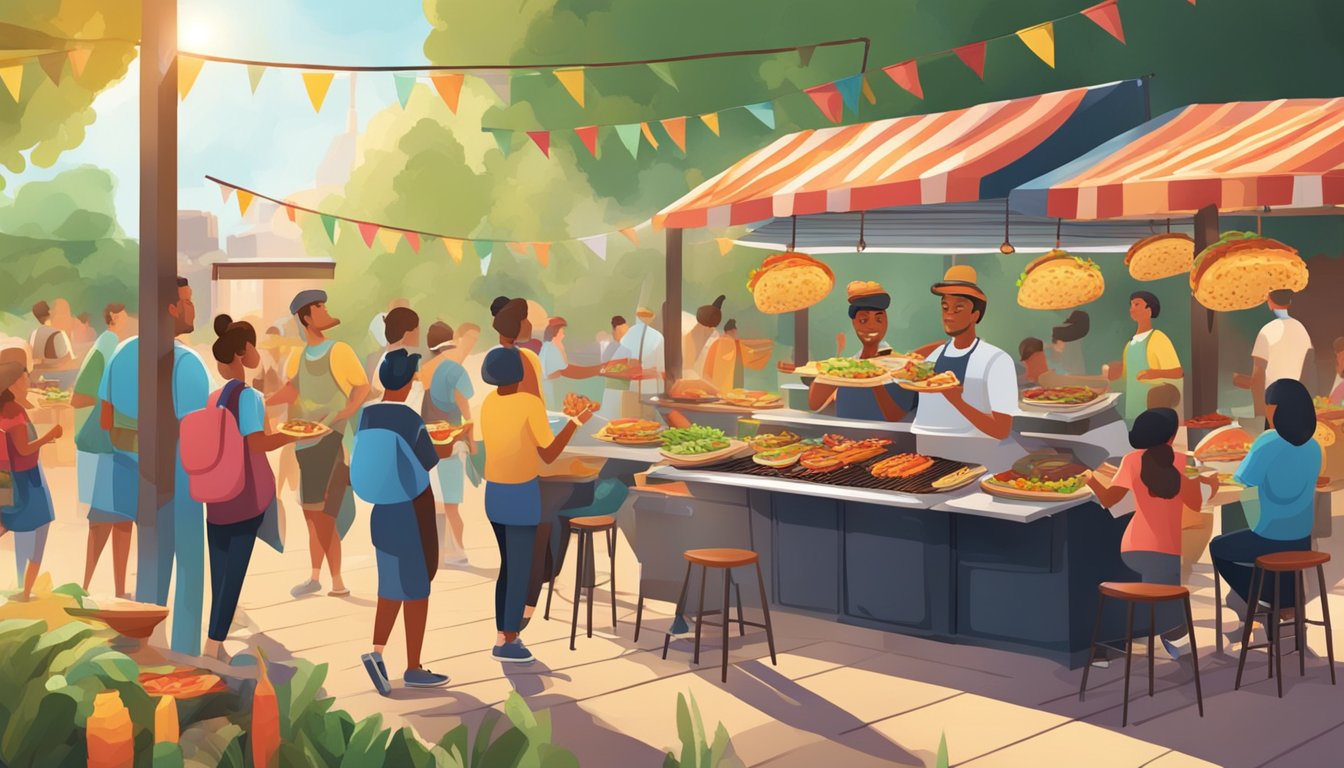 A bustling outdoor barbecue stand with a colorful array of sizzling tacos, surrounded by hungry customers enjoying the lively atmosphere