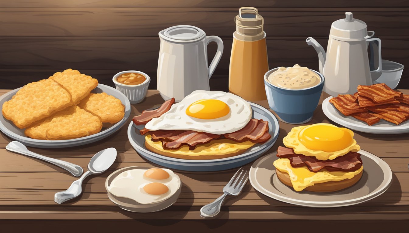 A Texan breakfast spread with biscuits, gravy, bacon, eggs, and a side of hash browns, served at a rustic diner with a cowboy hat hanging on the wall