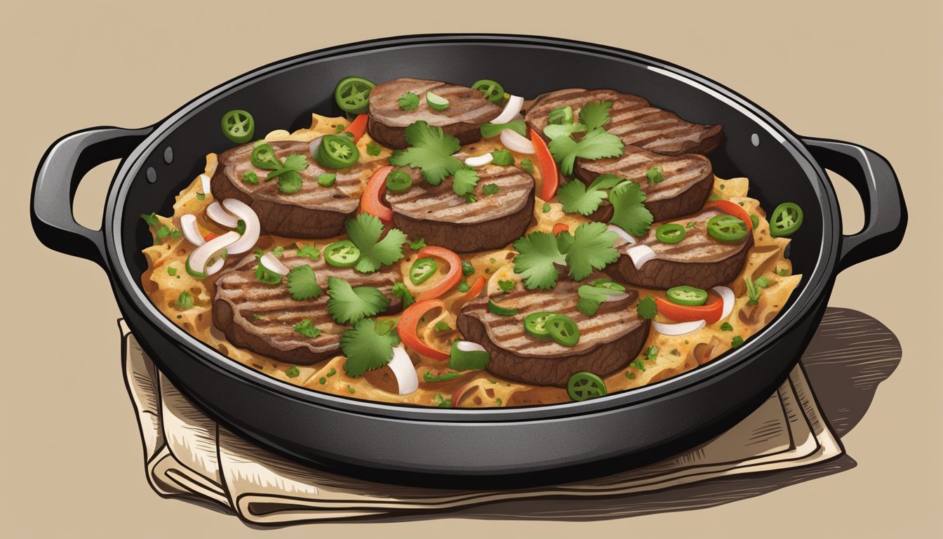 A sizzling skillet filled with savory grilled meats, fresh cilantro, diced onions, and spicy jalapenos, all nestled in warm, soft tortillas