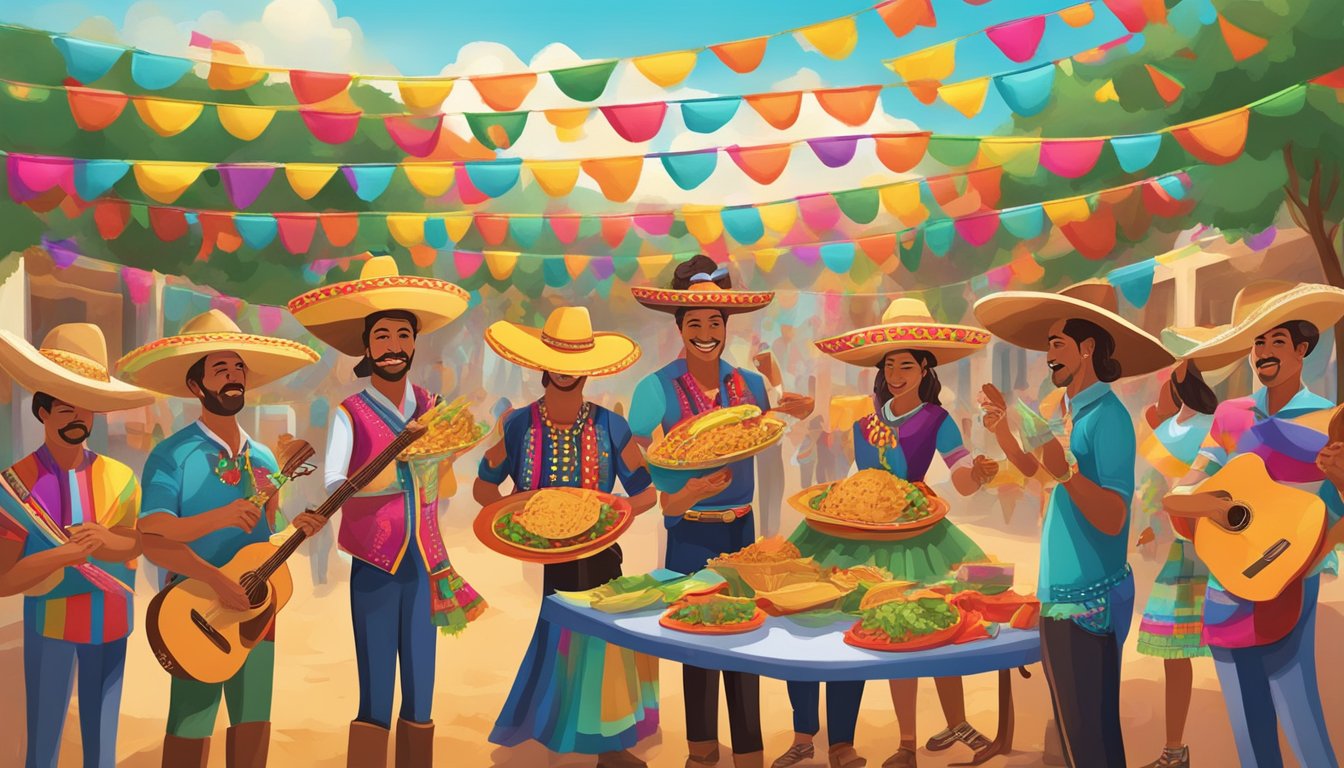 A colorful fiesta with tacos, mariachi music, and vibrant decorations, capturing the cultural significance of tacos in Texas