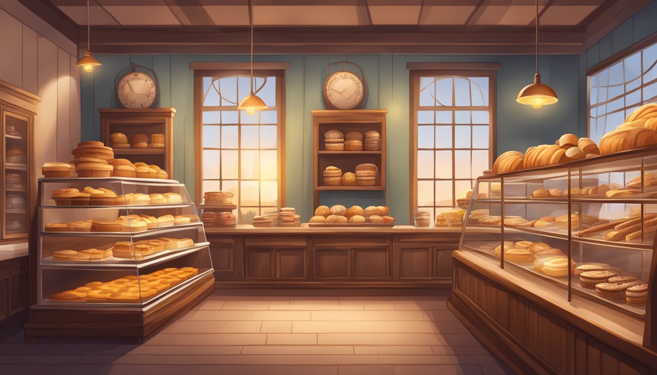 A cozy bakery with rustic decor, shelves lined with fresh-baked goods, and a warm glow from the display case