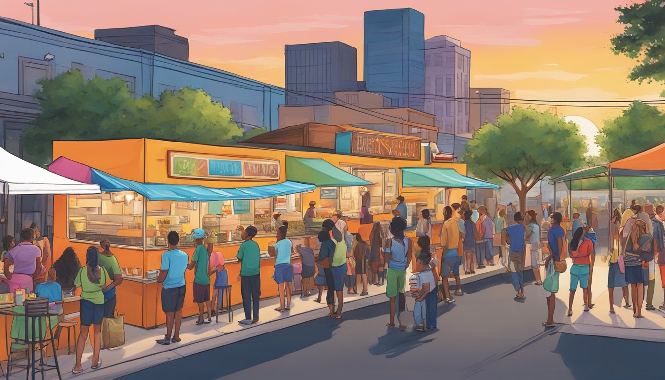 Food trucks line the bustling street, emitting mouthwatering scents. Crowds gather at the five vibrant Texas food truck yards, enjoying the lively atmosphere of First Fridays on South Lamar