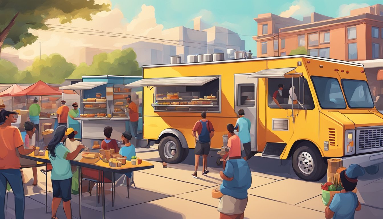 A bustling Texas food truck yard with a variety of colorful trucks serving up delicious cuisine to a crowd of hungry customers