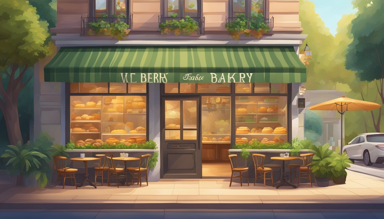 A cozy bakery with a tiger-striped sign, surrounded by lush greenery and a warm, inviting atmosphere