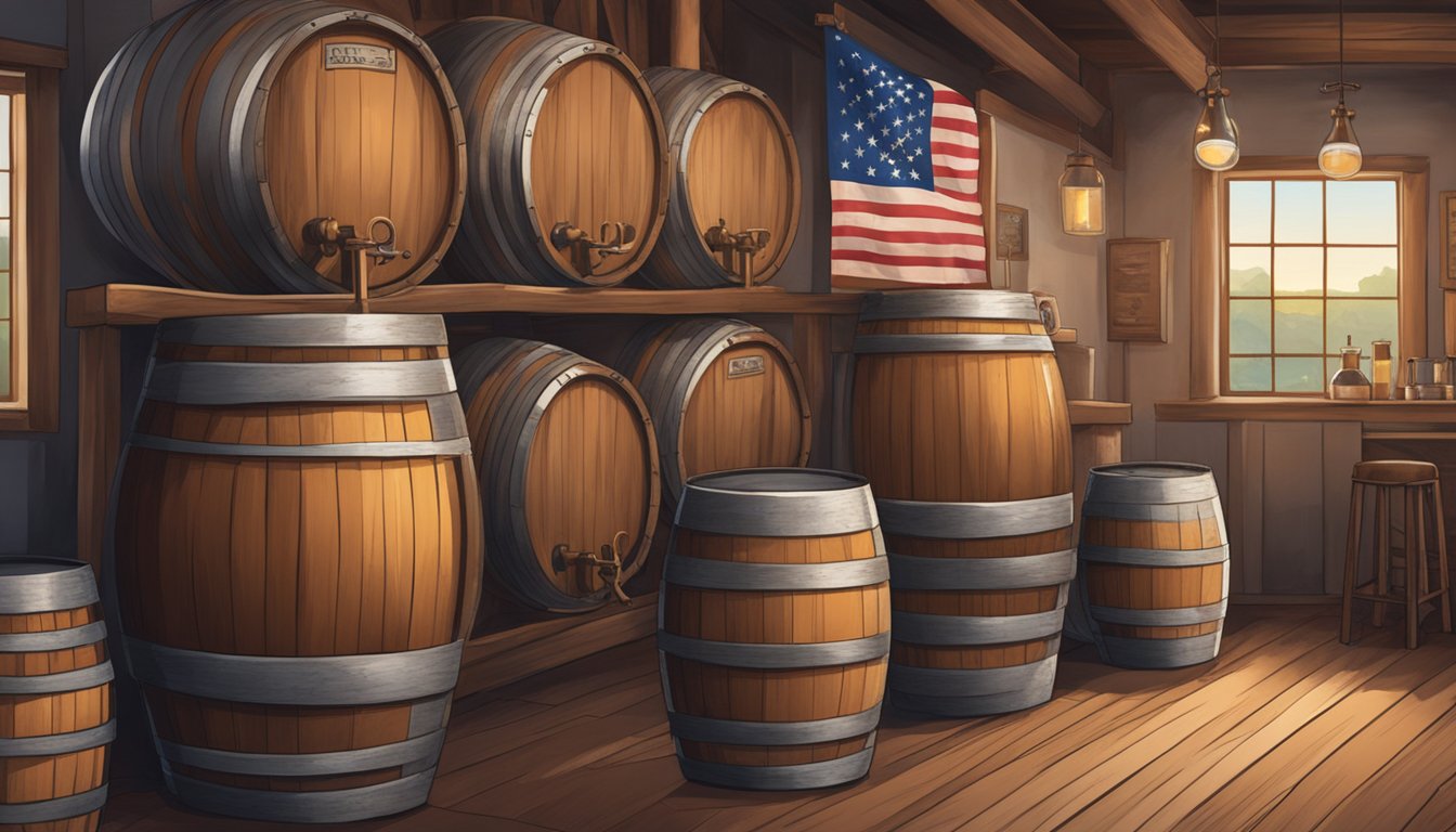 A rustic brewery setting with wooden barrels, copper brewing equipment, and a Lone Star state flag hanging on the wall