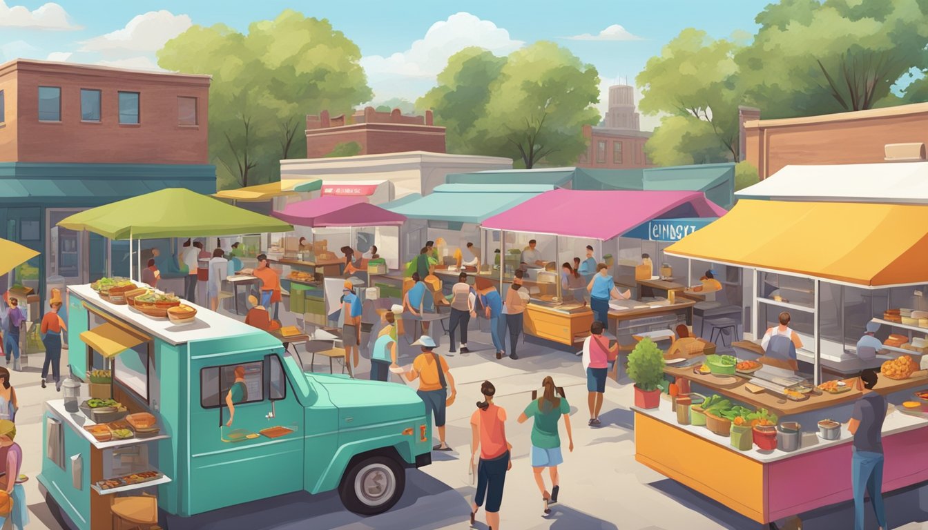 A bustling food truck yard with colorful trucks, picnic tables, and hungry patrons enjoying a variety of mouthwatering Texas cuisine