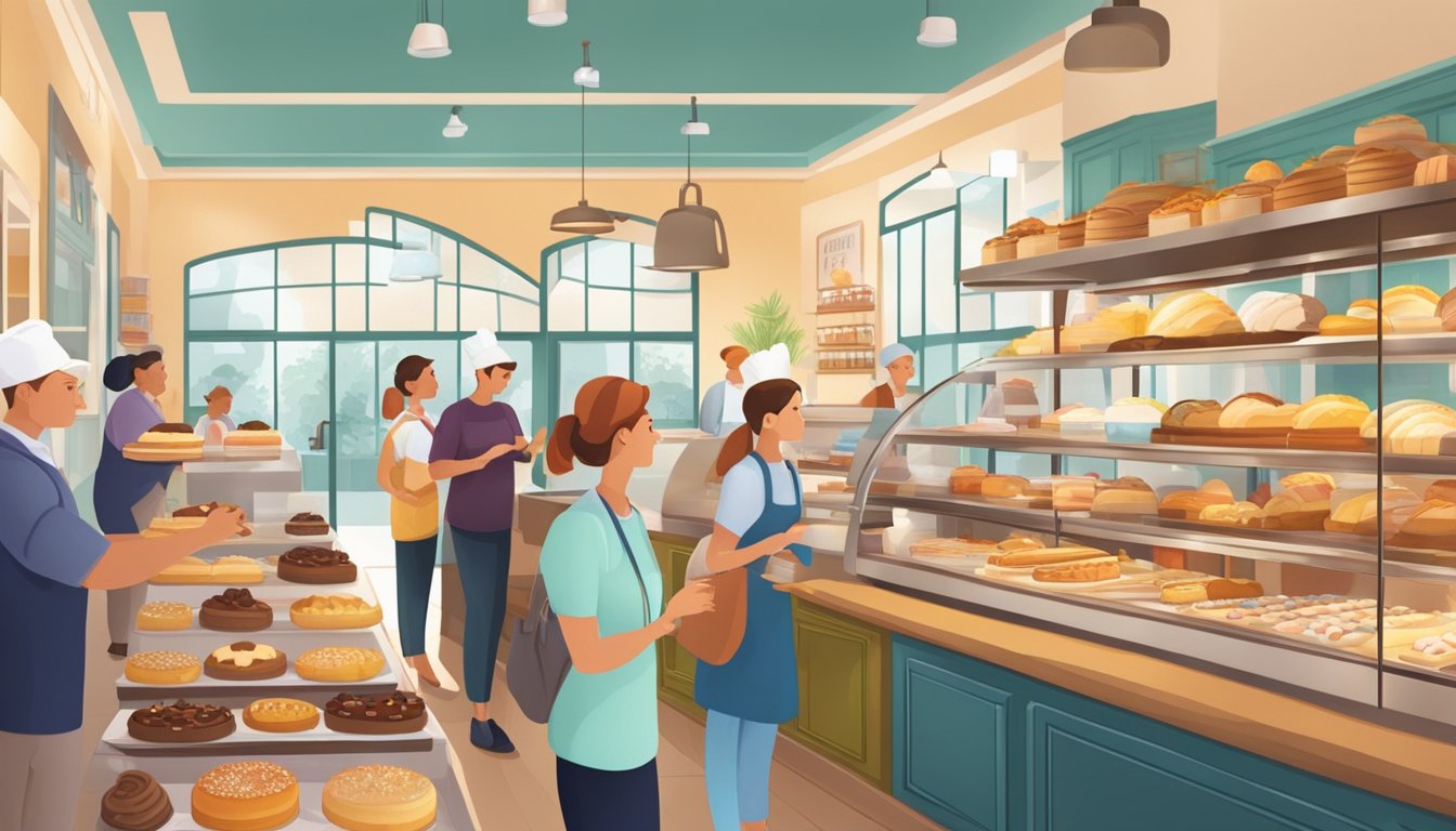 A bustling bakery with colorful displays of cakes, pastries, and treats. Customers chat with the friendly staff as the delicious aroma fills the air