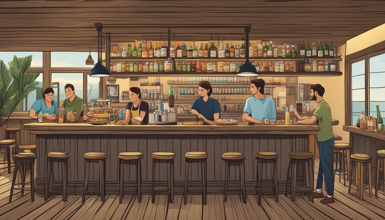 A bustling oyster bar with a variety of snacks and drinks displayed on a rustic wooden bar, surrounded by happy customers enjoying their afternoon cravings